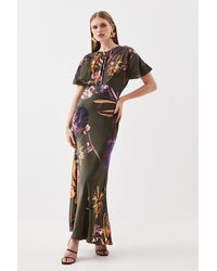 Karen Millen - Petite Floral Satin Woven Crepe Maxi Dress - Lyst