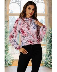 FS Collection - Floral Print Long Sleeve Frill High Neck Top In Pink - Lyst