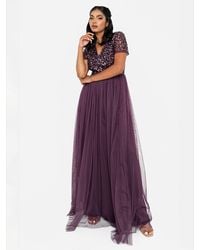 Maya Deluxe - Short Sleeve V Neck Embellished Maxi Dress - Lyst