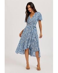 FS Collection - Floral Wrap Front Flutter Sleeve Midi Dress - Lyst