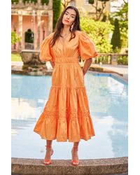 ANOTHER SUNDAY - Tiered Midi Dress With Puff Sleeves In Orange - Lyst