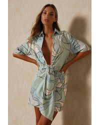 MissPap - Wave Print Drape Front Plunge Shirt Dress - Lyst