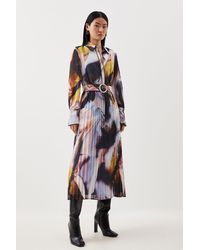 Karen Millen - Marble Print Pleated Georgette Maxi Woven Shirt Dress - Lyst