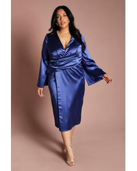 Coast - Plus Satin Wrap Front Midi Dress With Flare Sleeve - Lyst