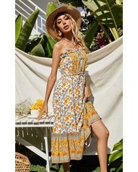 FS Collection - Yellow & Blue Floral Button Front Strappy Midi Dress In White - Lyst