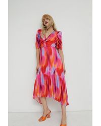 Warehouse - Brush Print Pleated Midi Dress - Lyst