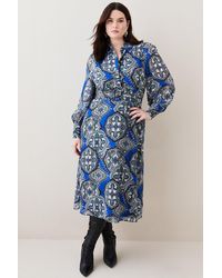 Karen Millen - Plus Size Tile Georgette Pleated Woven Shirt Midi Dress - Lyst