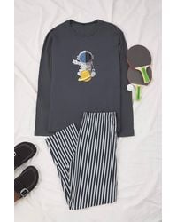 WOVCOR - 2 Piece Cotton Pajama Set With Astronaut Print & Stripe Detail - Lyst