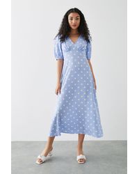 Dorothy Perkins - Blue Spot Print Empire Puff Sleeve Midi Dress - Lyst