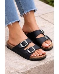 LARANGE - Pu Leather Buckle Slider Slip-On Slides - Lyst
