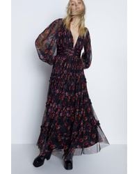 Warehouse - Floral Tulle Balloon Sleeve Tiered Maxi Dress - Lyst