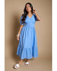 Dorothy Perkins - Petite Broderie Lace Trim Puff Sleeve Tiered Poplin Maxi Dress - Lyst