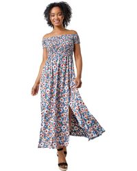 Roman - Petite Floral Shirred Bardot Maxi Dress - Lyst