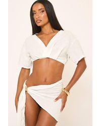 EGO - Short Sleeve Plunging Neckline Linen Mini Top - Lyst