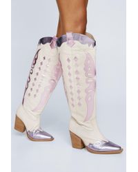 Nasty Gal - Leather Metallic Butterfly Knee High Cowboy Boots - Lyst