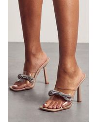 MissPap - Diamante Knot Clear Heeled Mules - Lyst