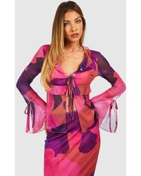 Boohoo - Abstract Floral Mesh Ruffle Flared Sleeve Blouse - Lyst