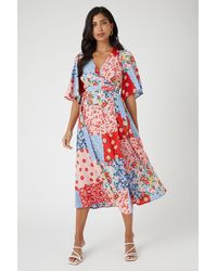 Wallis - Multi Floral Patchwork Side Buckle Wrap Midi Dress - Lyst