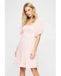 Dorothy Perkins - Pink Gingham Textured Shirred Mini Dress - Lyst