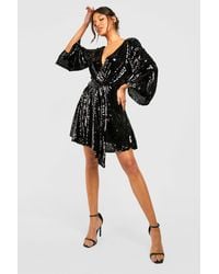 Boohoo - Sequin Wide Sleeve Wrap Party Dress - Lyst