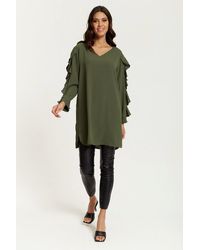 Hoxton Gal - Relaxed Fit V Neck Detailed Tunic Top With Ruffles - Lyst