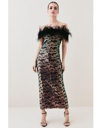 Karen Millen - Petite Sequin Bardot Feather Trim Midaxi Dress - Lyst