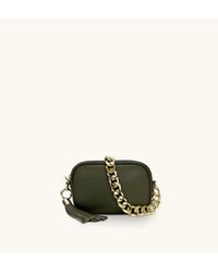 Apatchy London - The Mini Tassel Olive Green Leather Phone Bag With Gold Chain Strap - Lyst