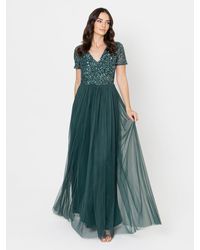 Maya Deluxe - Short Sleeve V Neck Embellished Maxi Dress - Lyst