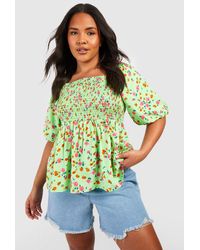 Boohoo - Plus Floral Puff Sleeve Shirred Smock Top - Lyst