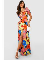 Boohoo - Bold Floral Puff Sleeve Maxi Dress - Lyst