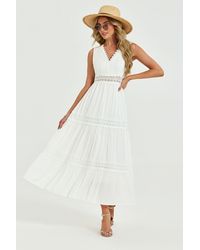 FS Collection - Lace Trim V-Neck Tiered Sleeveless Midi Dress - Lyst