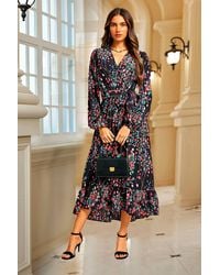 FS Collection - Abstract Floral Print Long Sleeve V Neck Wrap Top Midi Dress - Lyst