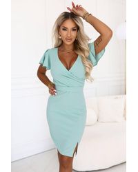 Love Lace - Wedding Guest Wrap Short Sleeve Midi Dress With Belt - Lyst