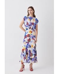 Karen Millen - Floral Georgette Cap Sleeved Woven Midi Dress - Lyst