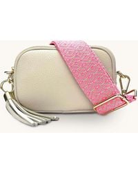 Apatchy London - The Mini Tassel Stone Leather Phone Bag With Neon Pink Cross-stitch Strap - Lyst