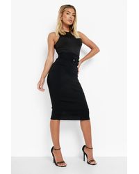 Boohoo - Belted Curved Waist Stretch Woven Midi Skirt - Lyst