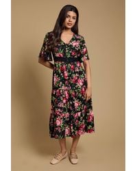 Dorothy Perkins - Petite Floral Lace Trim Button Detail Angel Sleeve Printed Midi Dress - Lyst
