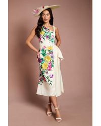 Coast - Lisa Tan Placement Print Satin Floral Bow Detail Midi Dress - Lyst