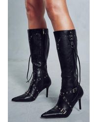 MissPap - Leather Look Buckle Detail Knee High Boots - Lyst