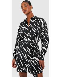 Boohoo - Tall Woven Zebra Belted Shirt Dress - Lyst