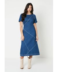 Oasis - Puff Sleeve Stitch Detail Denim Midi Dress - Lyst