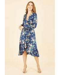 Mela - Navy Long Sleeve Floral Print Satin Wrap Dress - Lyst