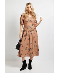 Dorothy Perkins - Floral Lace Detail Dropped Waist V Neck Printed Midi Dress - Lyst