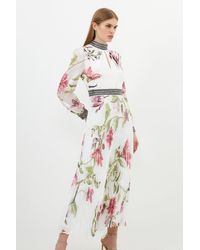 Karen Millen - Petite Diamante Trim Delicate Floral Woven Maxi Dress - Lyst