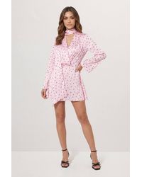 MissPap - Premium Spot Print Tie Neck Mini Dress - Lyst