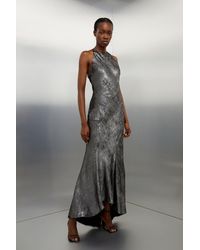 Karen Millen - Petite Premium Metallic Diamante Detail Halter Woven Maxi Dress - Lyst