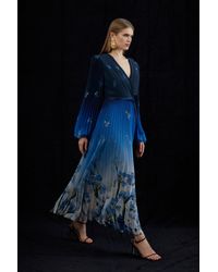 Karen Millen - Petite Scattered Floral Print Pleated Split Maxi Dress - Lyst