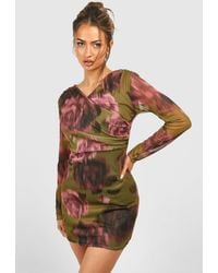 Boohoo - Mesh Cross Over Floral Ruched Mini Dress - Lyst