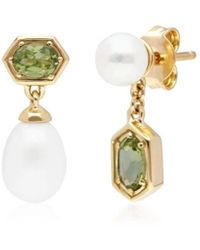 Gemondo - White Pearl & Peridot Gold Plated Sterling Silver Mismatched Drop Earrings One Size - Lyst