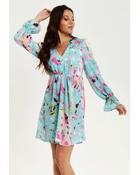 Liquorish - Blue Abstract Print Mini Dress With Open Back And Long Sleeves - Lyst